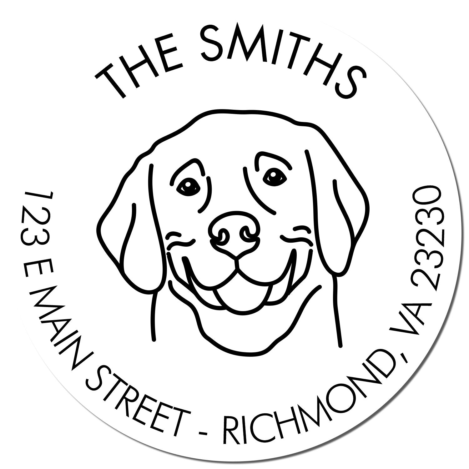 White circular custom address stamp seal with black line art dog, THE SMITHS, and Richmond, VA address text.