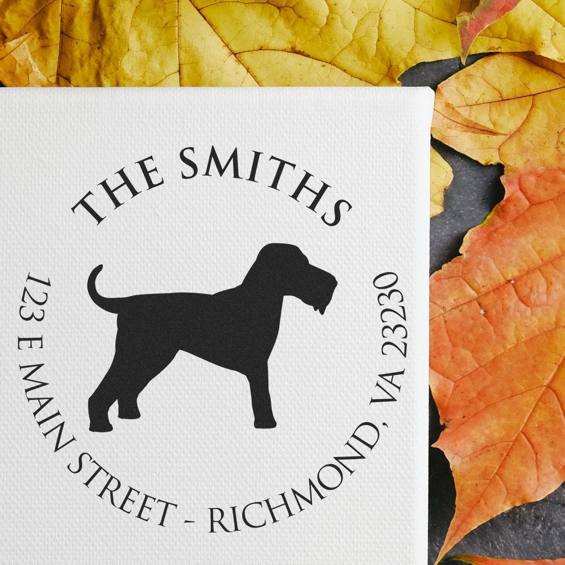 Custom black dog stamp seal on white textured paper, framed by autumn leaves, with THE SMITHS and Richmond, VA address.