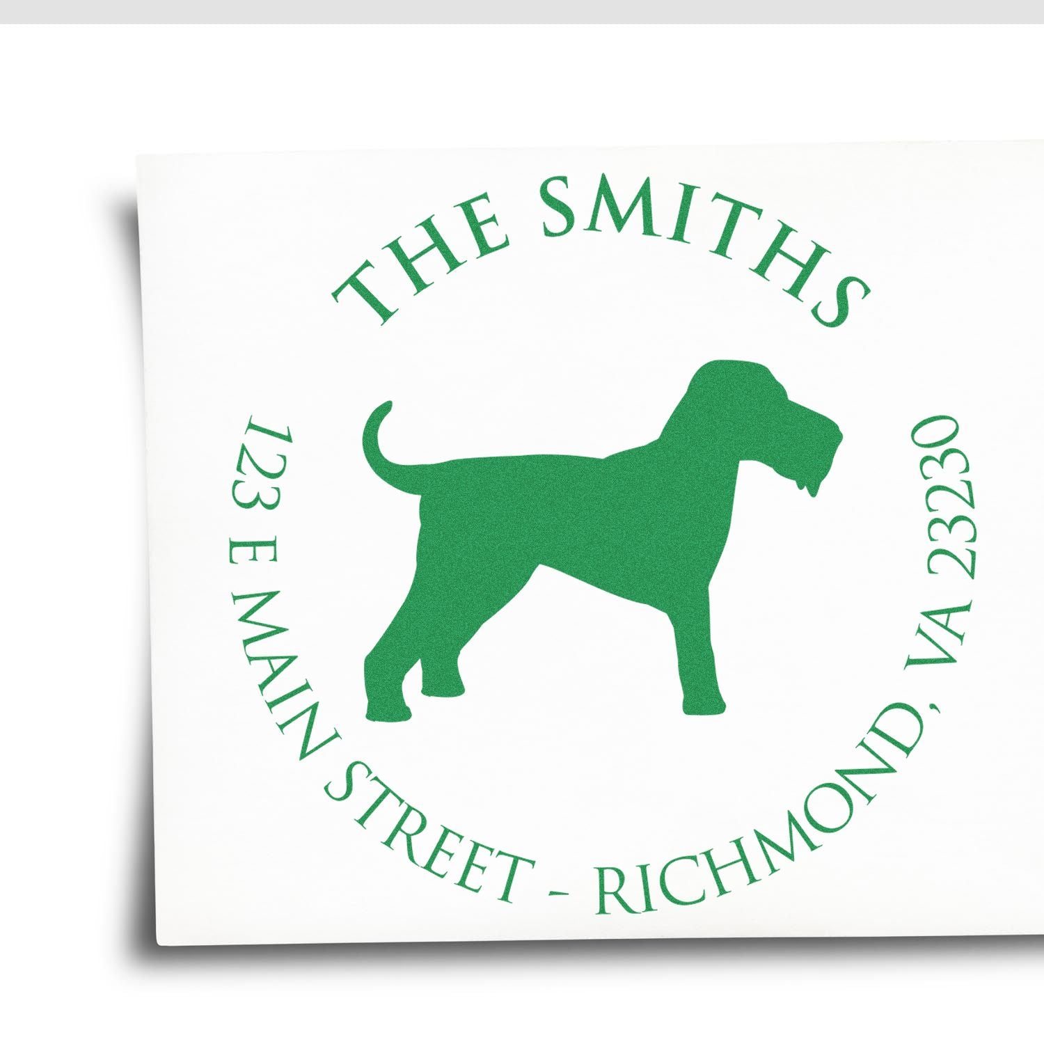 Green custom address stamp seal with dog silhouette and circular text for The Smiths, 123 E Main Street, Richmond, VA