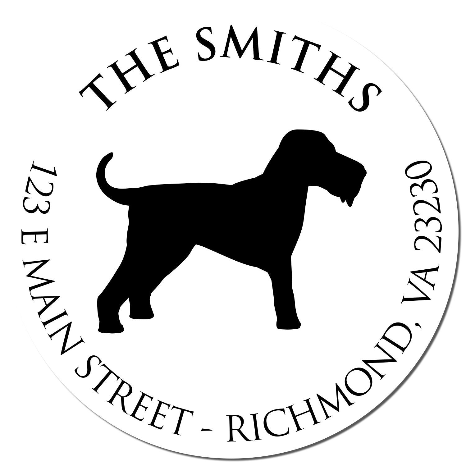 Round black-and-white custom address stamp seal with dog silhouette, THE SMITHS, 123 E Main Street, Richmond, VA 23230.