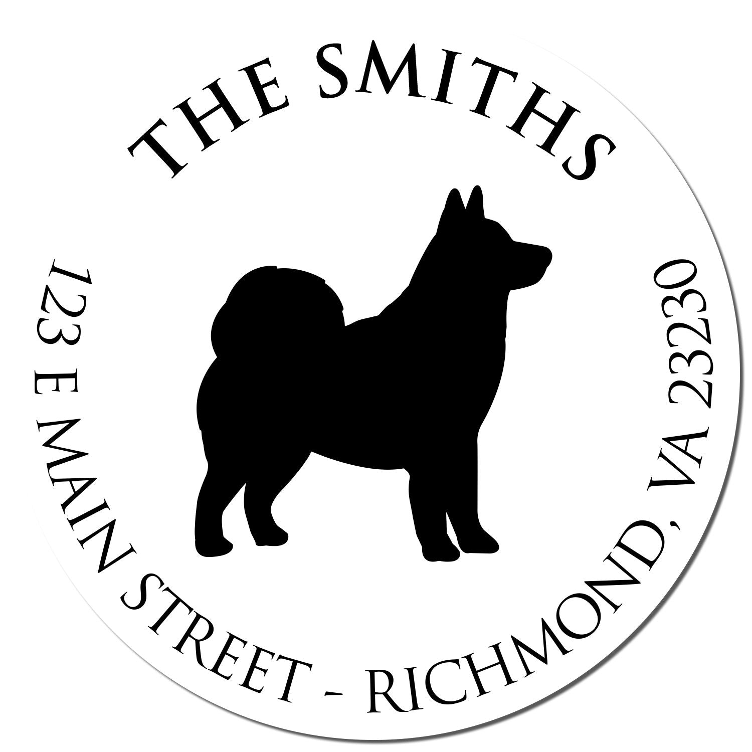 Round custom stamp seal with black dog silhouette, The Smiths, and address 123 E Main Street, Richmond, VA 23230.