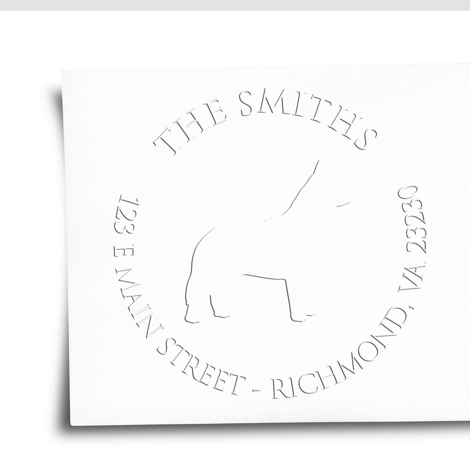 White embossed stamp seal with bear outline, circular text reading THE SMITHS and Richmond, VA address.