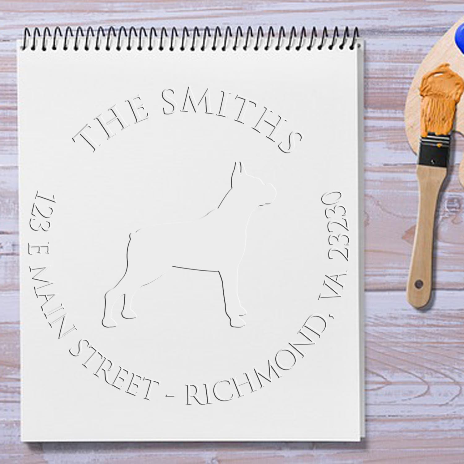 Personalizable Name and Address Embossed Seal with Boxer Dog
