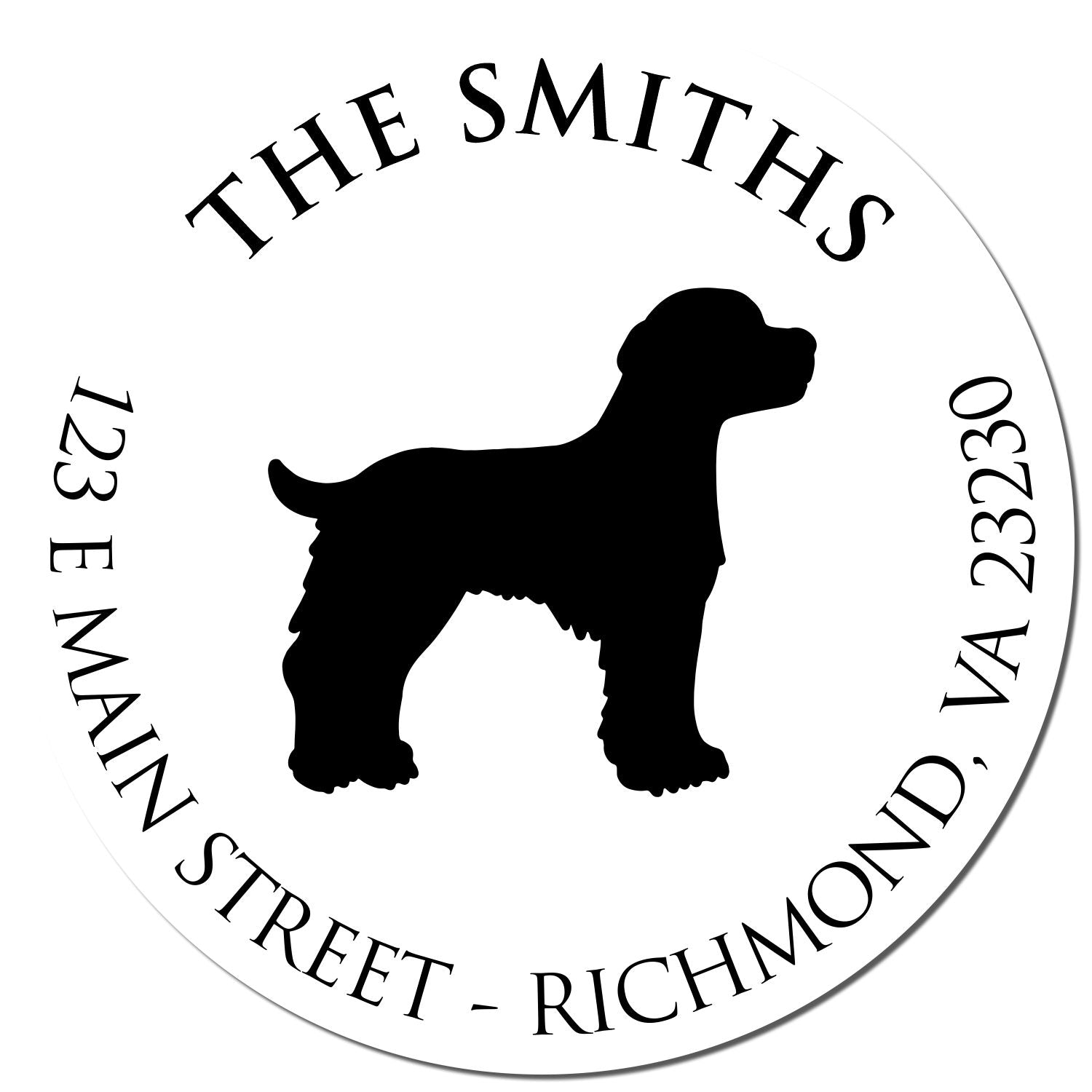 Round custom stamp seal with black dog silhouette, white background, and curved black text for The Smiths, Richmond, VA.