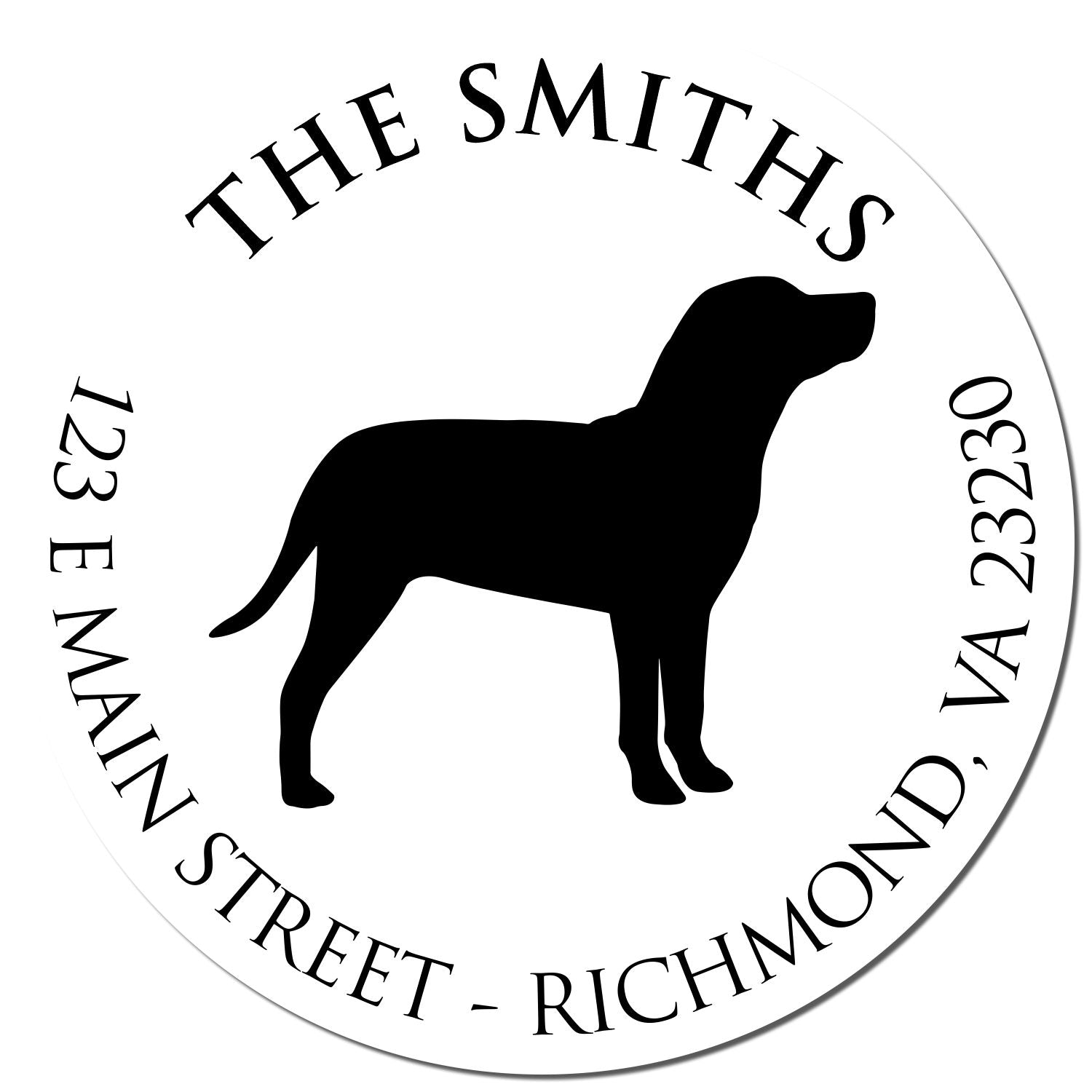 Round white address stamp seal with black dog silhouette and arched black text: THE SMITHS, 123 E Main Street, Richmond, VA 23230.