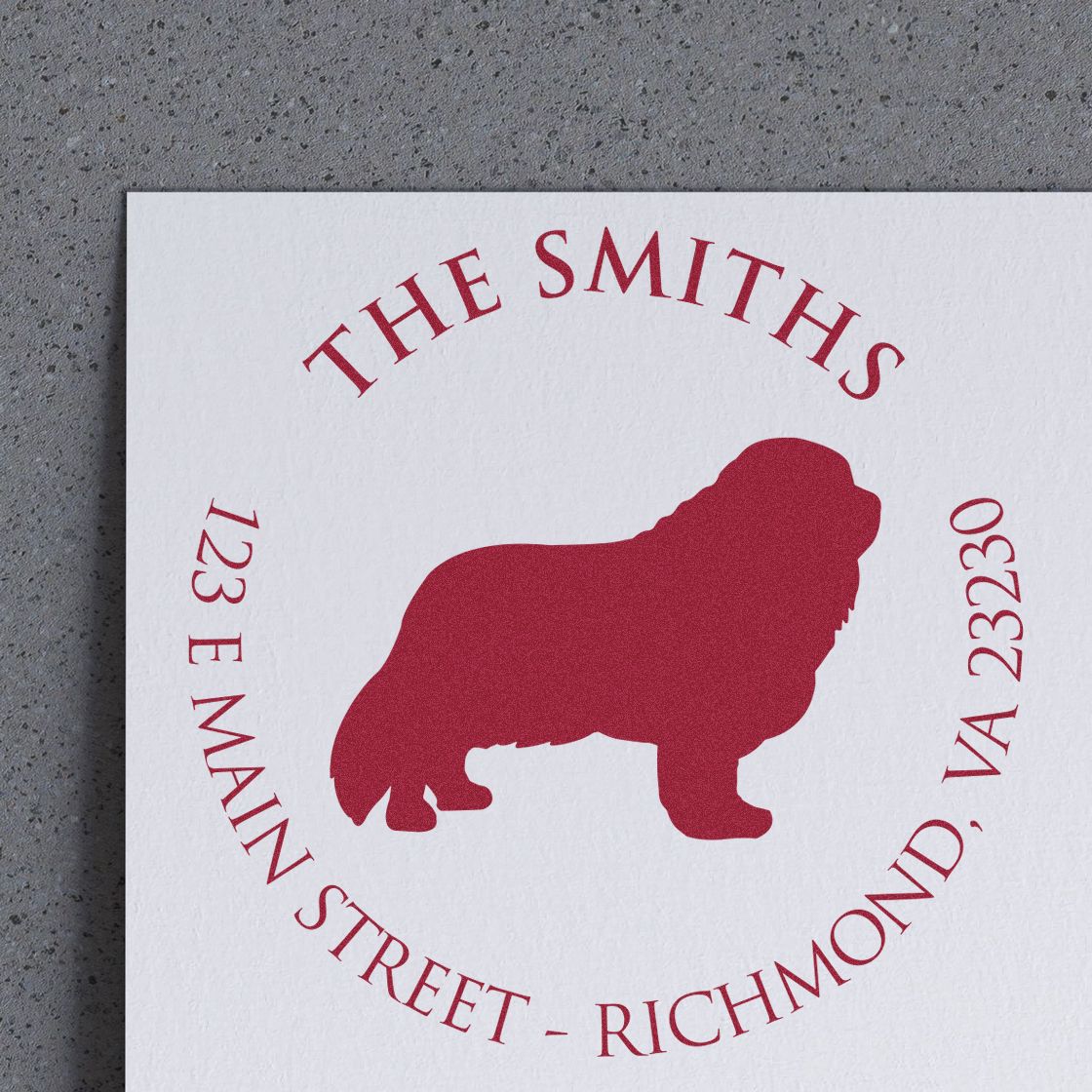 Red custom seal stamp with lion silhouette and circular text: The Smiths, 123 E Main Street, Richmond, VA 23230.