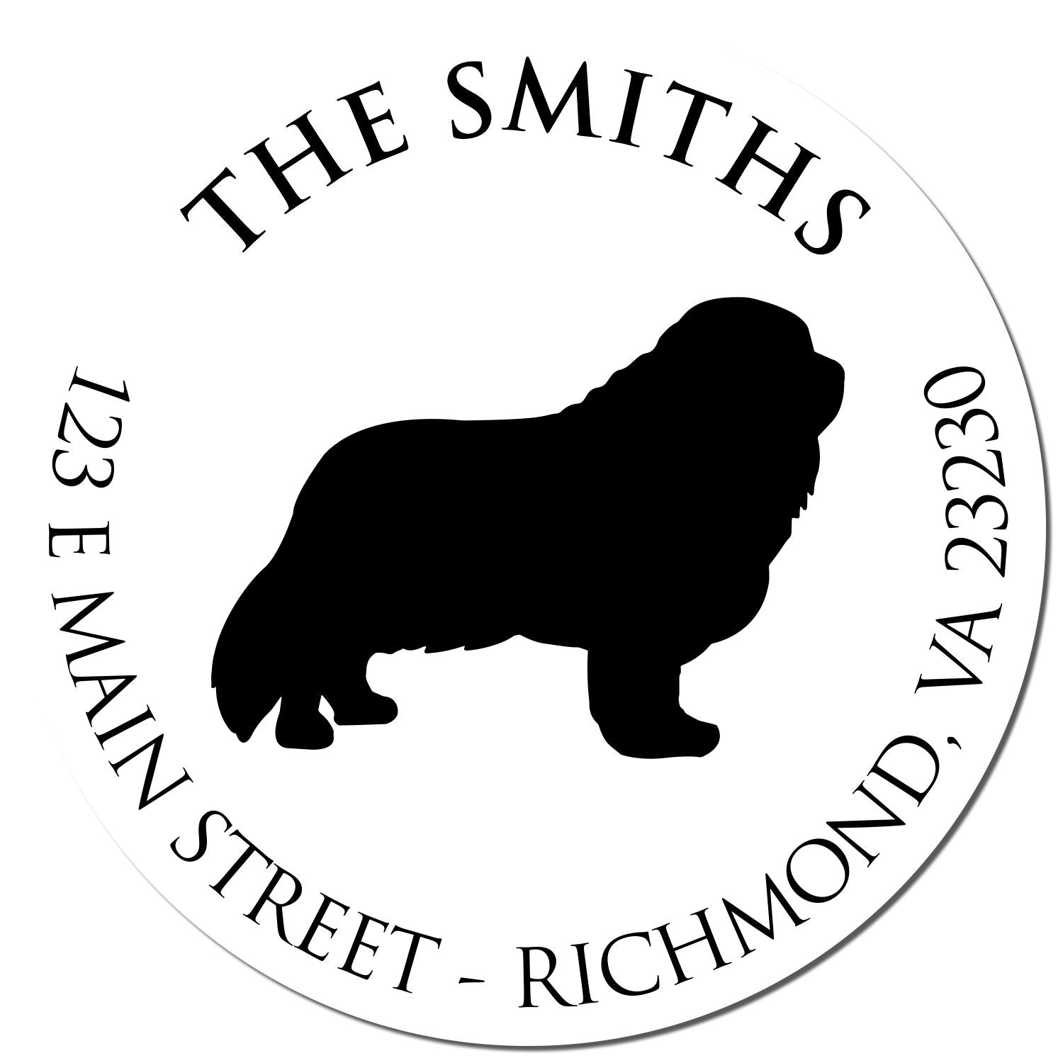 Round white custom seal stamp with black dog silhouette and address: The Smiths, 123 E Main Street, Richmond, VA 23230