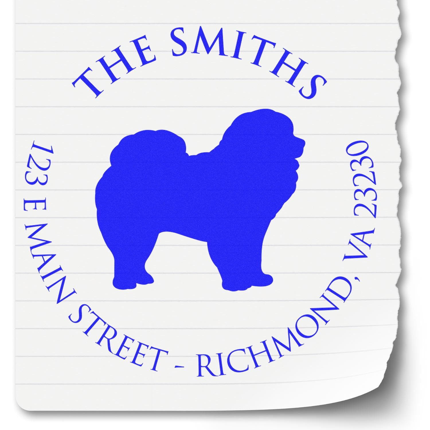 Blue custom stamp seal with dog silhouette, The Smiths, 123 E Main Street, Richmond, VA 23230 on white lined paper.