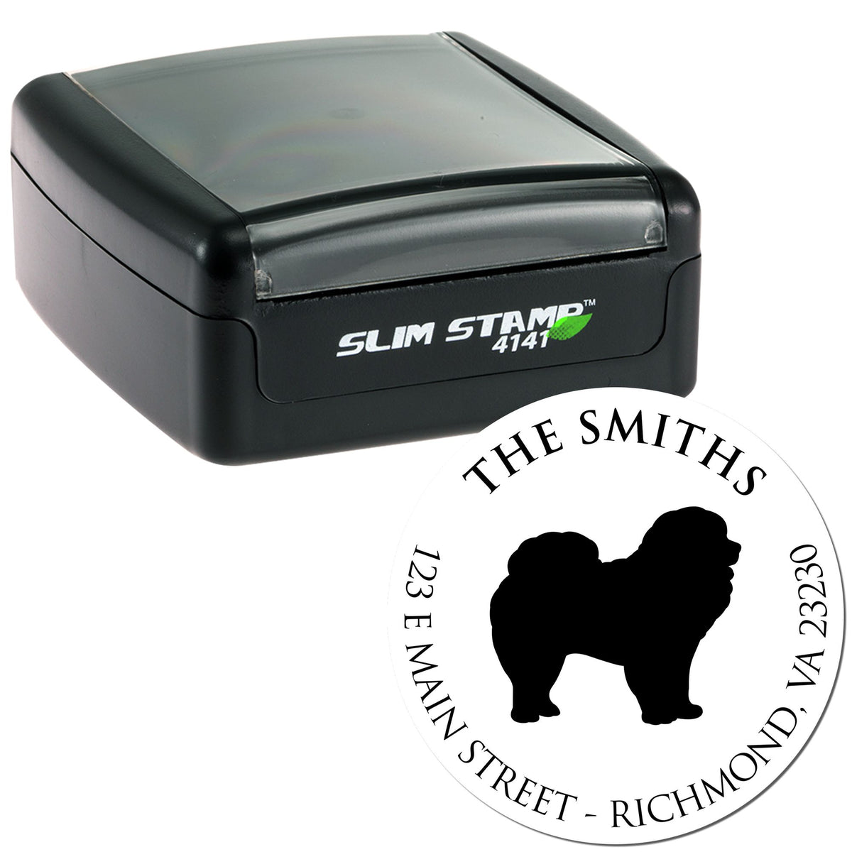 Black Slim Stamp self-inking stamp with round white seal, bulldog silhouette, and circular text.