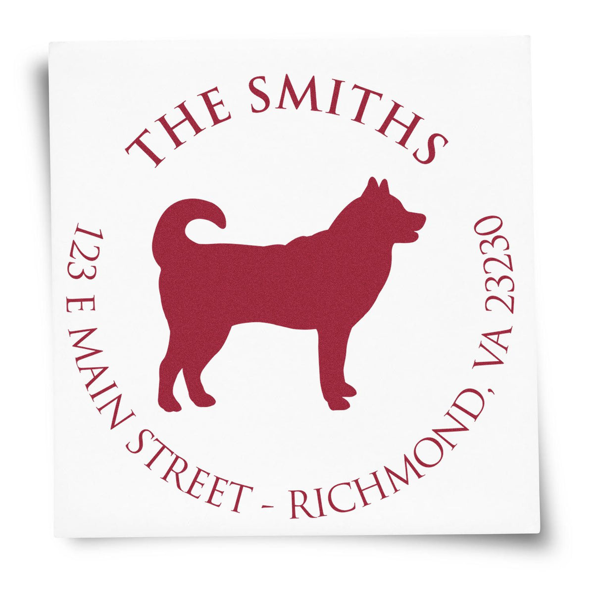 Burgundy custom dog address stamp seal on white, reading The Smiths with Richmond, VA 23230.