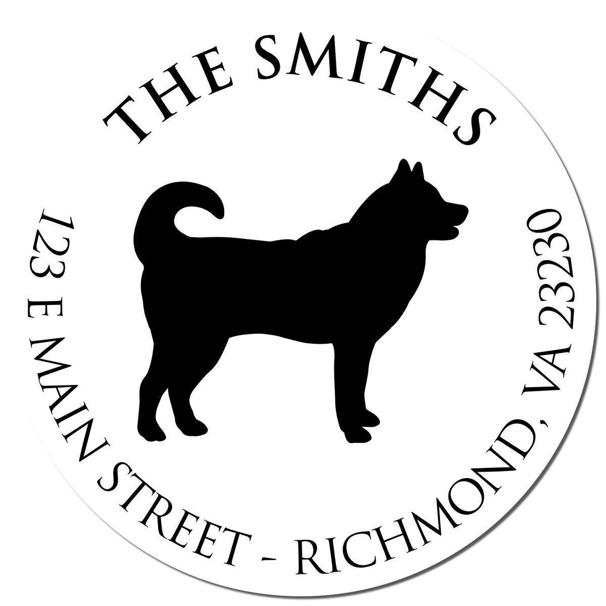 Round black-and-white custom address stamp seal with dog silhouette and The Smiths, 123 E Main Street, Richmond, VA 23230.