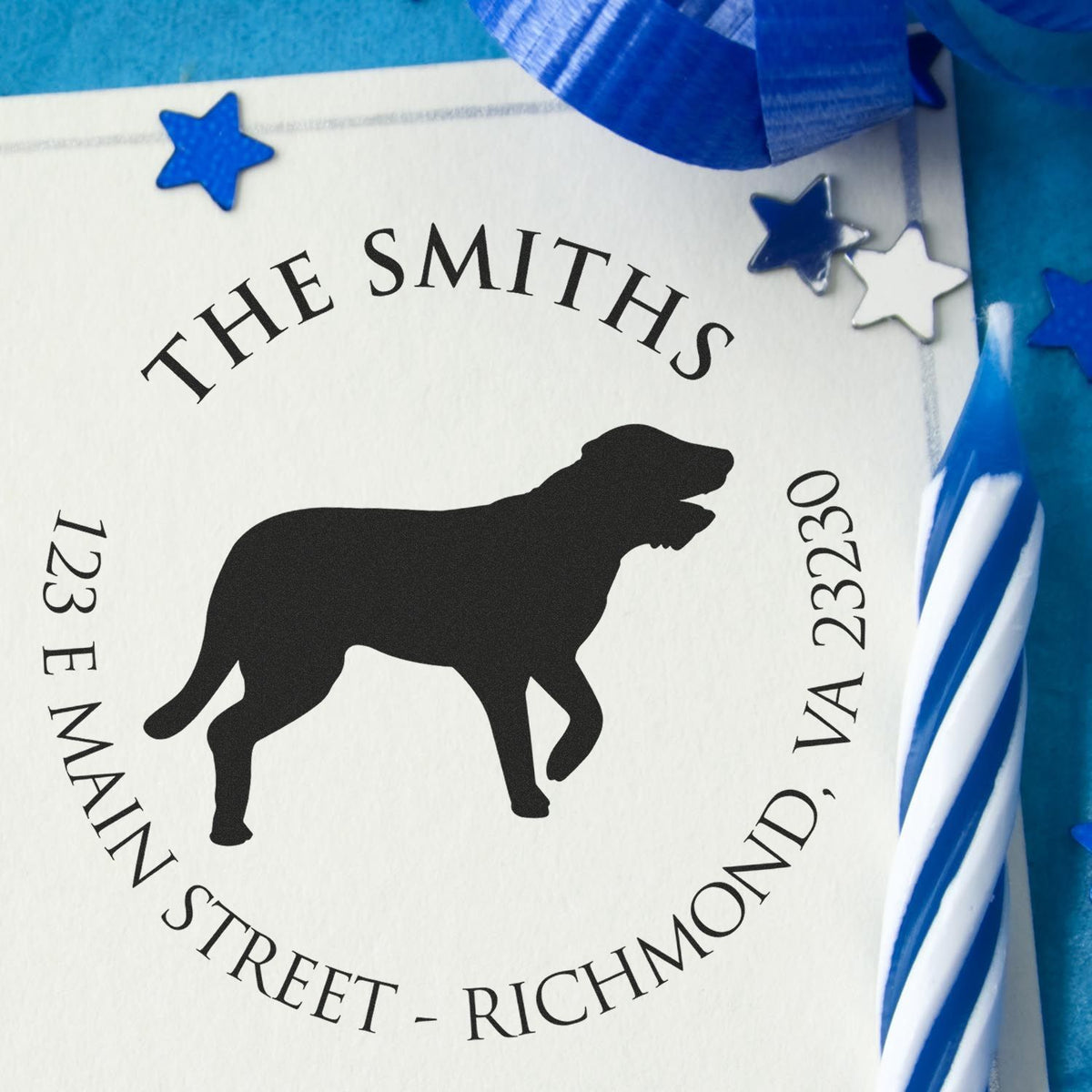 Custom black pet memorial stamp seal with dog silhouette, The Smiths, blue ribbon, and star accents on white.