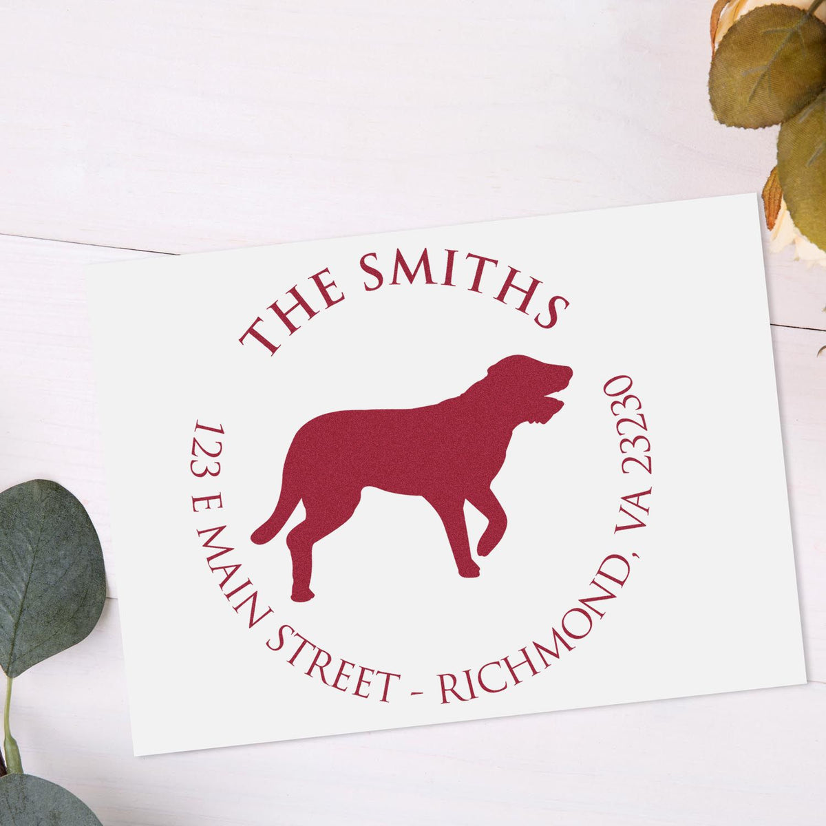 Burgundy custom dog return address stamp and seal on white card, reading The Smiths, Richmond, VA.