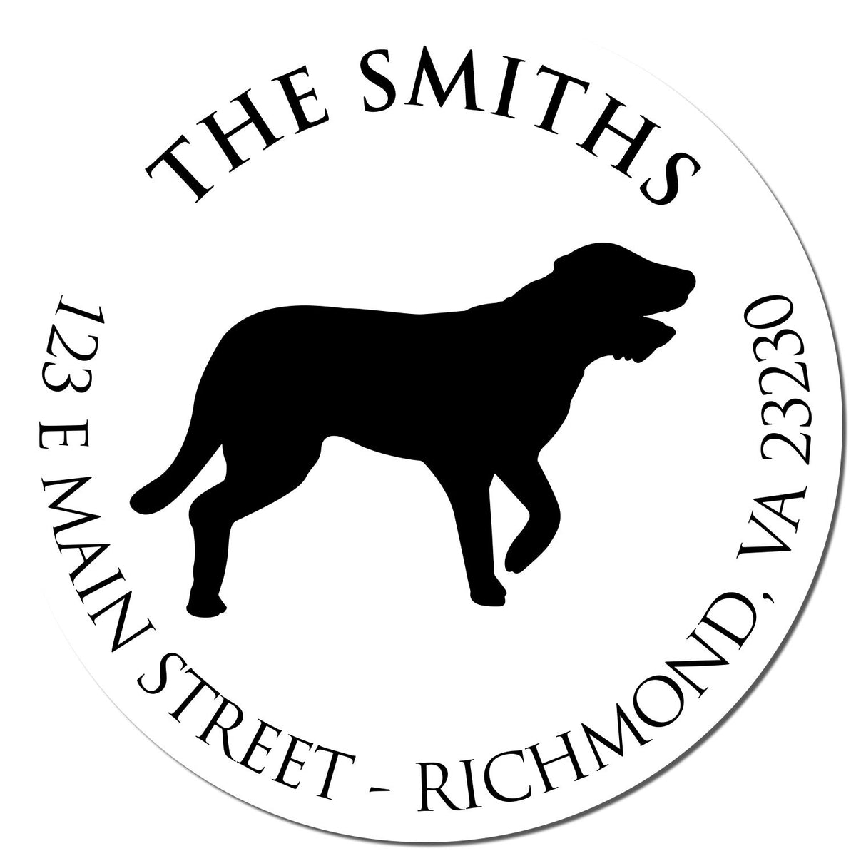 Round black custom address stamp seal with dog silhouette, The Smiths, 123 E Main Street, Richmond, VA 23230.