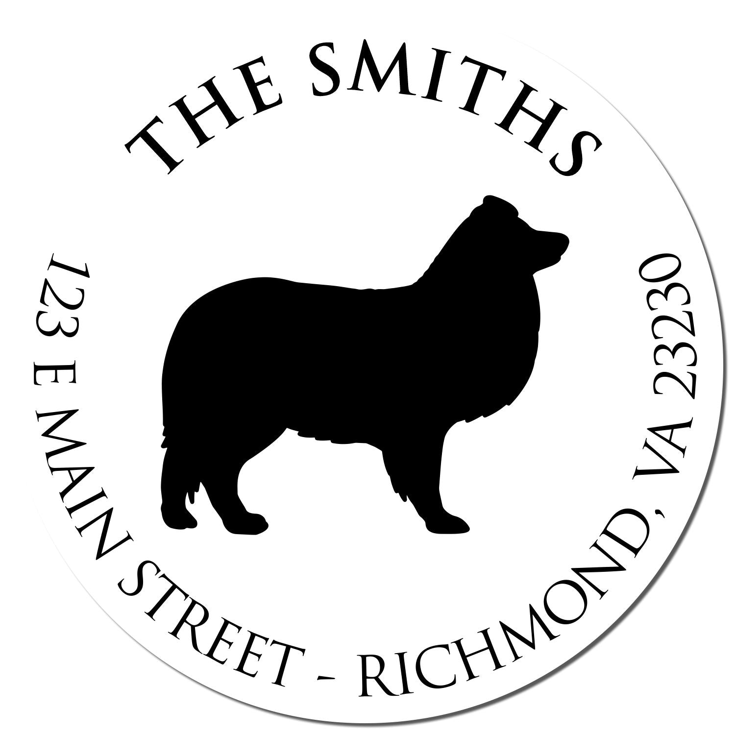 Circular custom stamp seal with black bear silhouette, arched text, and address: The Smiths, 123 E Main Street, Richmond, VA 23230.