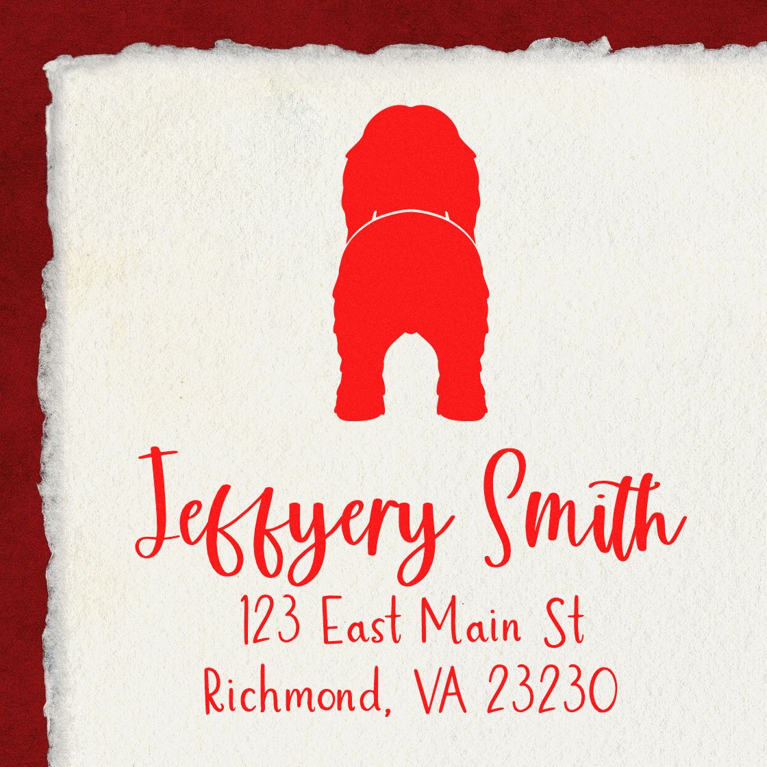Personalized red stamp and seal for Jeffery Smith with address on cream textured paper