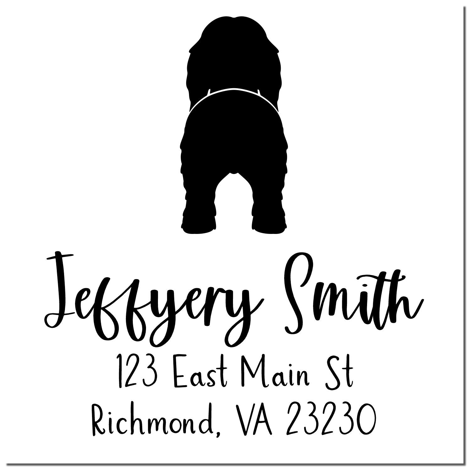 Custom black self-inking stamp and seal with dog silhouette, Jeffrey Smith, 123 East Main St, Richmond, VA 23230.