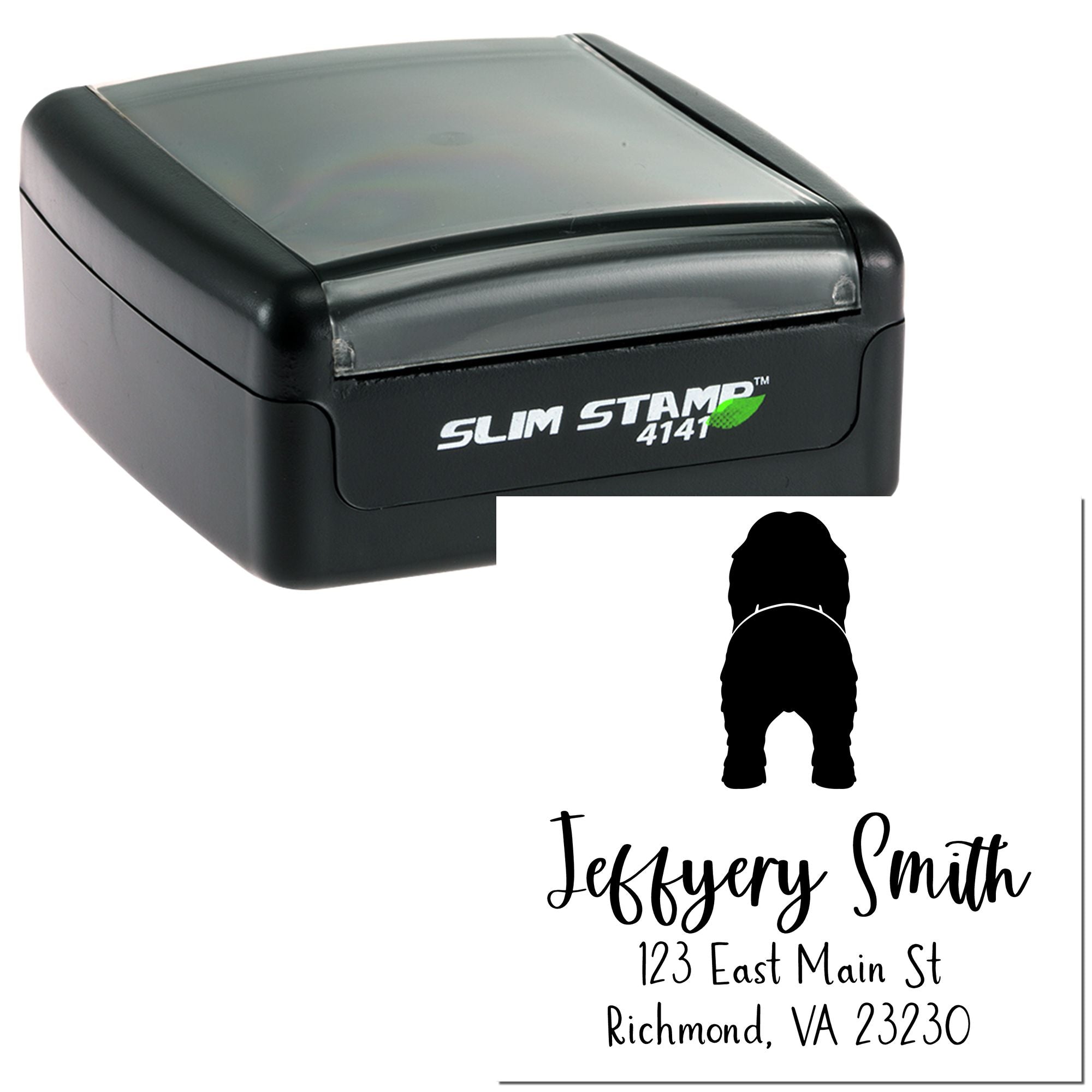 Black Slim Stamp self-inking address stamp and seal with personalized name, silhouette, and return address.