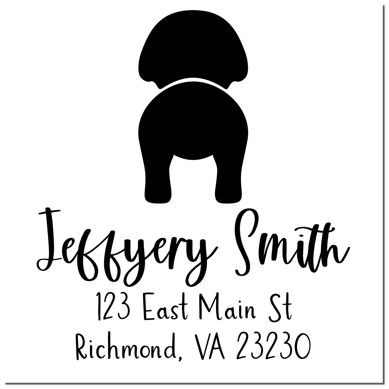 Black custom address stamp and seal with seal icon, Jeffrey Smith, 123 East Main St, Richmond, VA 23230 on white.