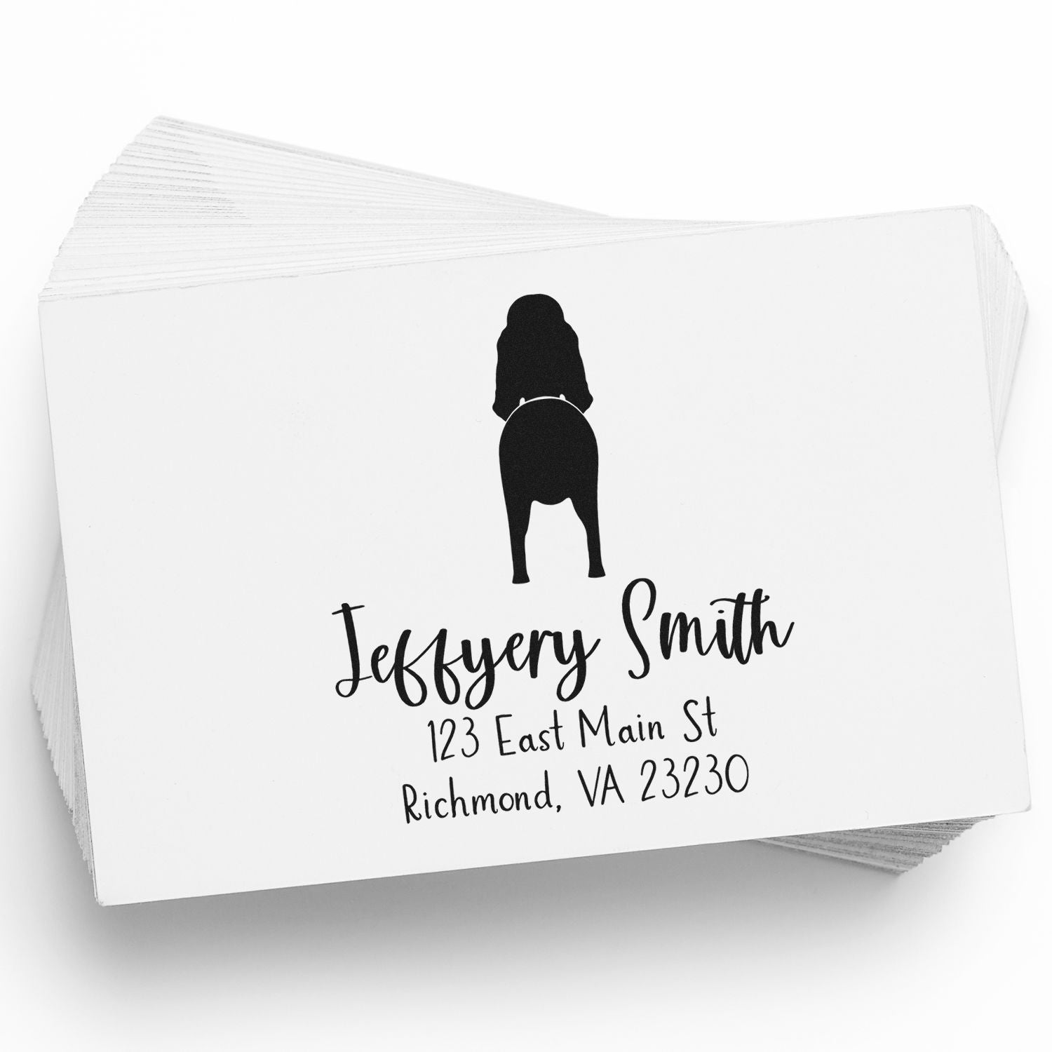 Custom black self-inking address stamp on white cards, featuring a dog silhouette, name, and Richmond, VA address.