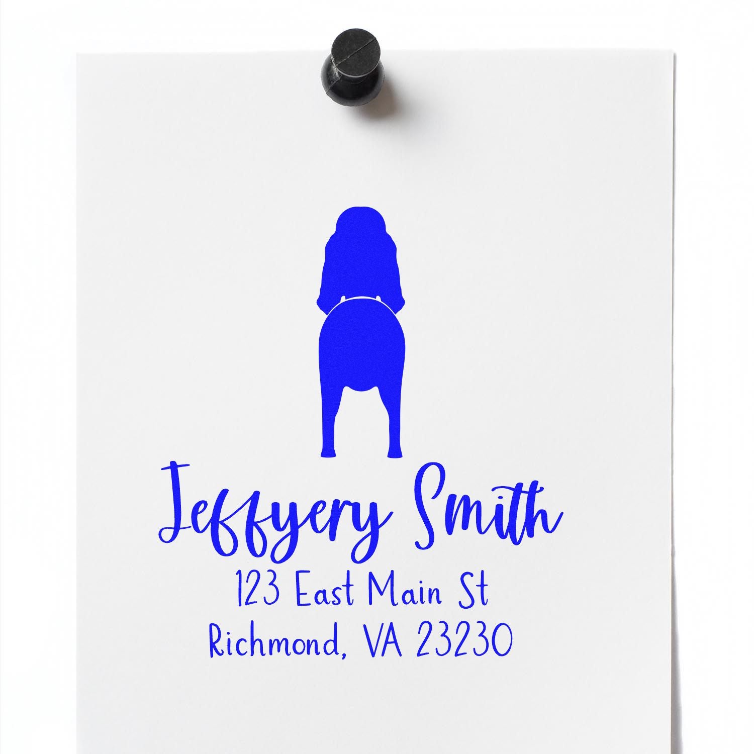 Blue custom address stamp and seal with dog silhouette on white paper, featuring Jeffrey Smith and Richmond, VA.