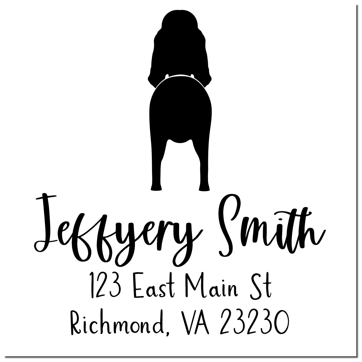 Custom black stamp and seal with dog silhouette, Jeffrey Smith, 123 East Main St, Richmond, VA 23230.