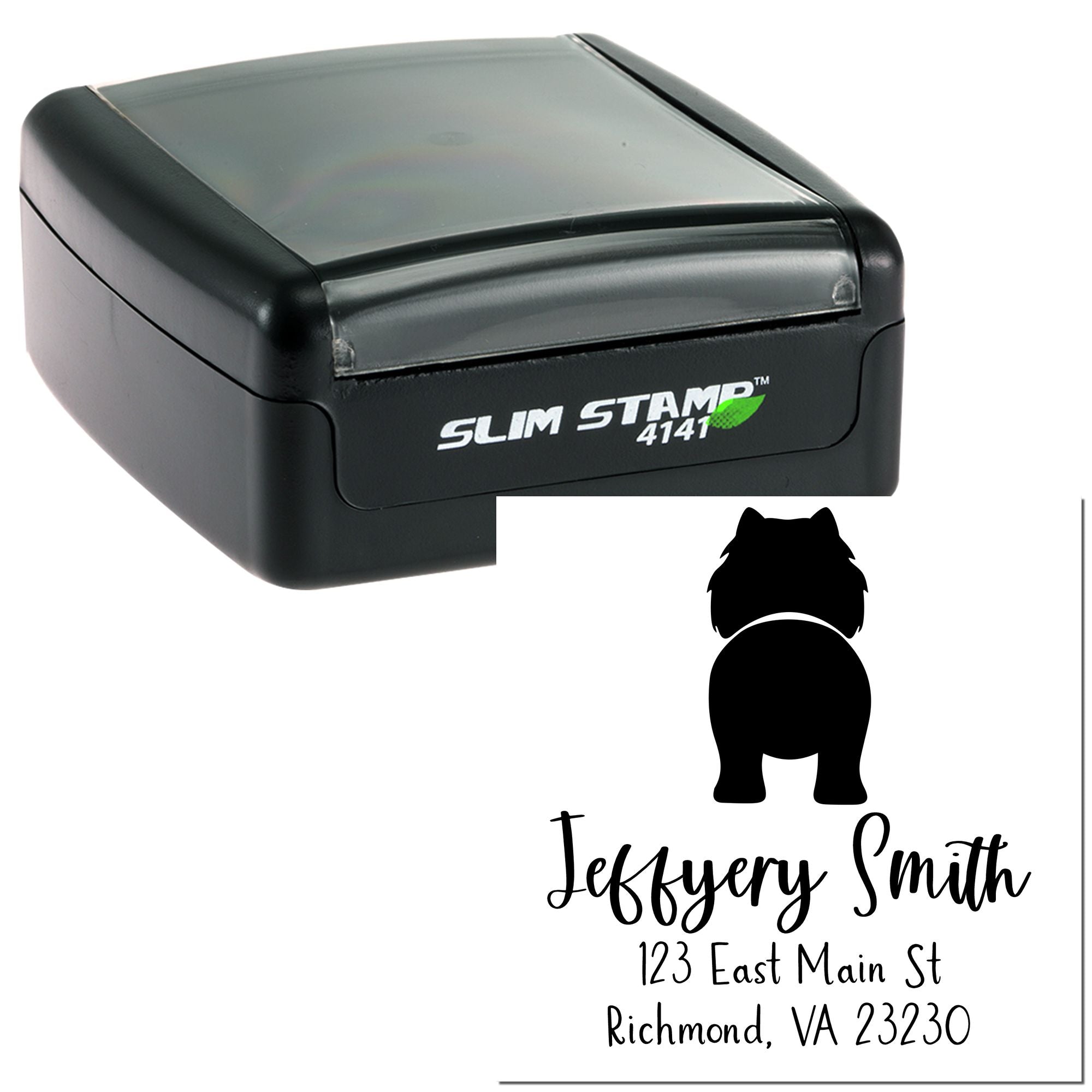 Black and gray Slim Stamp self-inking address seal with dog silhouette, name, and Richmond, VA address.