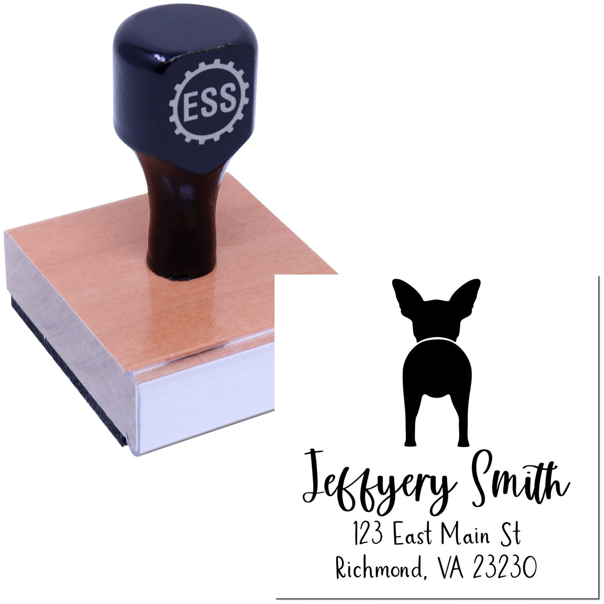 Black wood handle Chihuahua custom dog stamp by ESS, featuring a rubber stamp design for pet address labeling.