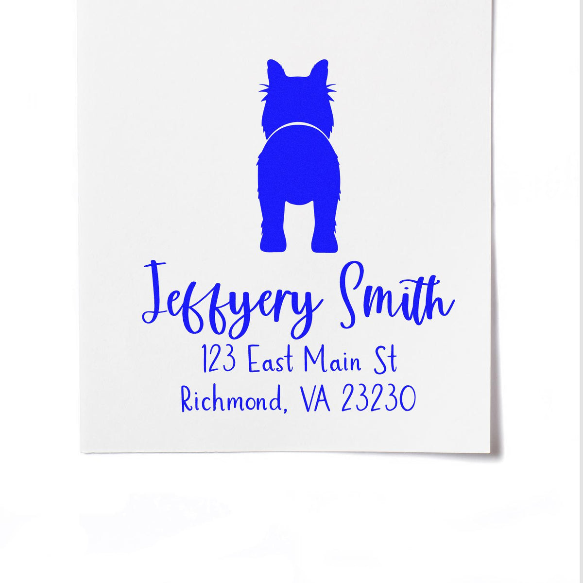 Blue custom dog stamp with Jeffery Smith name and Richmond, VA 23230 address on white card