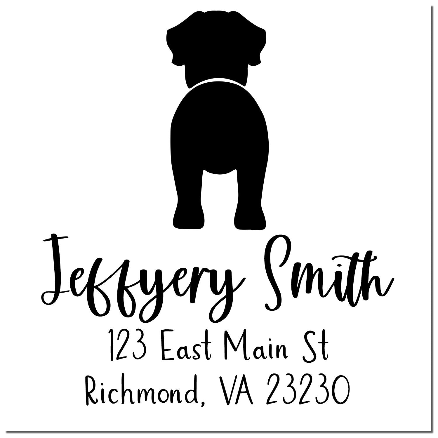 Custom black return address stamp with dog silhouette, Jeffrey Smith, 123 East Main St, Richmond, VA 23230