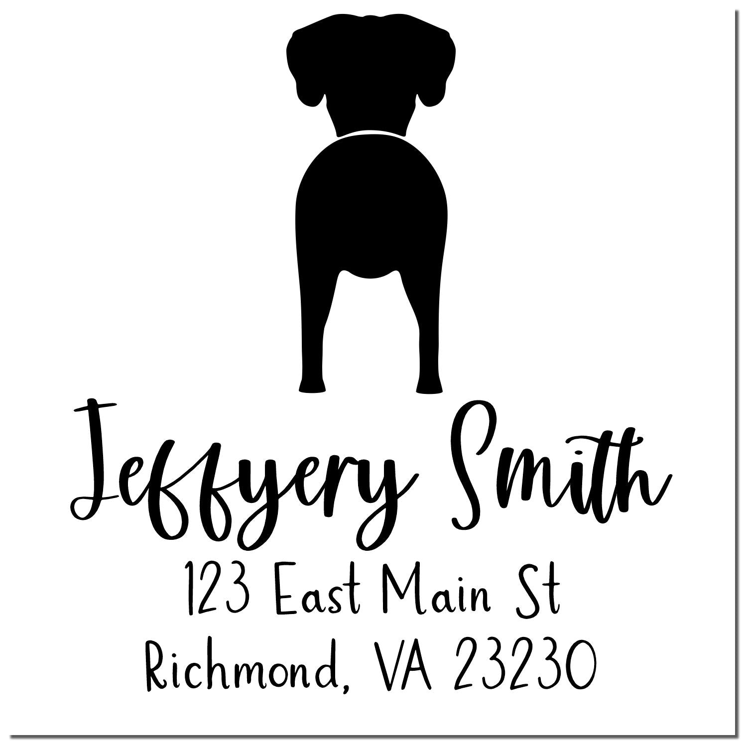 Black custom address stamp and seal with dog silhouette, Jeffery Smith, and Richmond, VA 23230 on white background.
