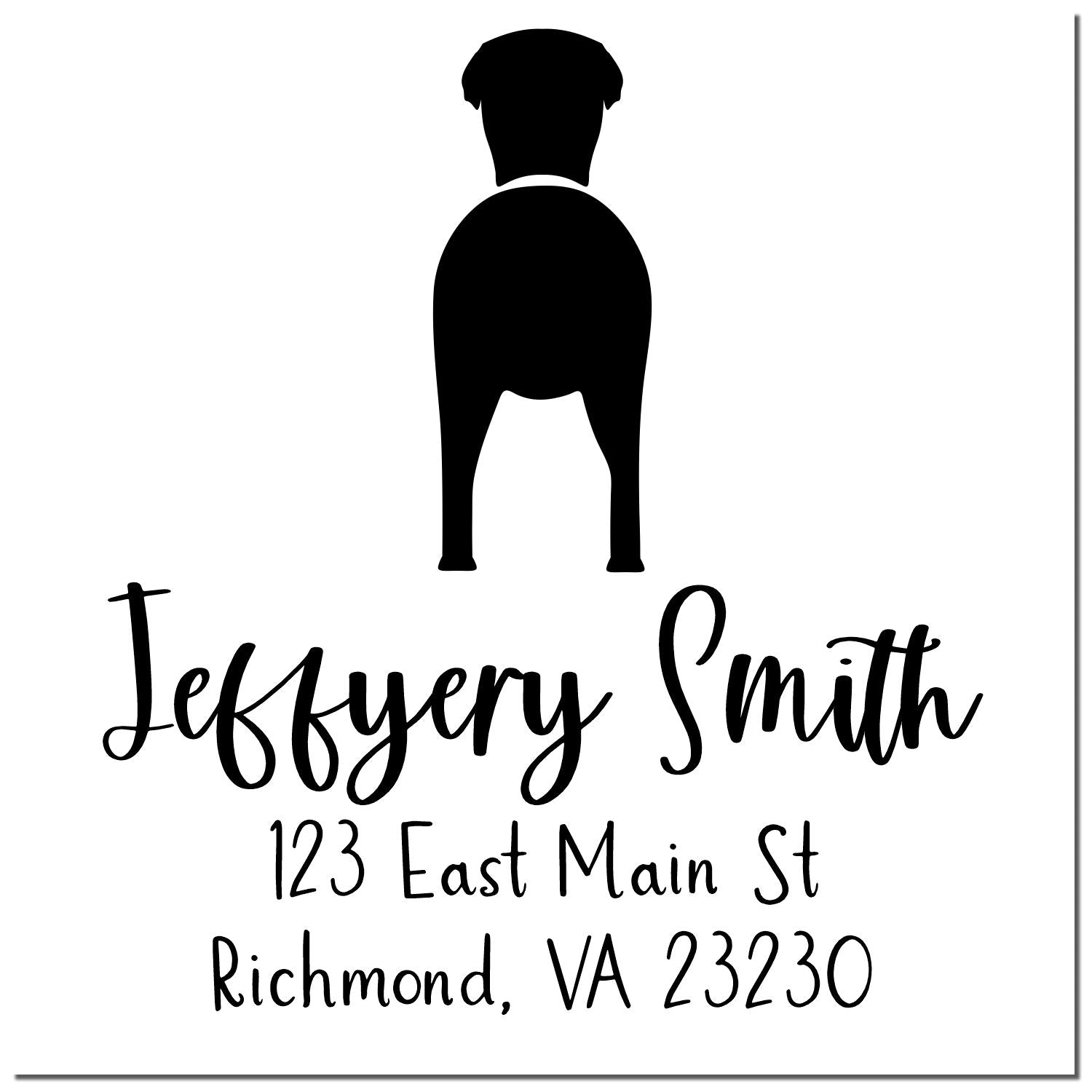 Greyhound rubber address stamp with wood handle by ESS, featuring an enlarged black imprint of a custom dog stamp design.