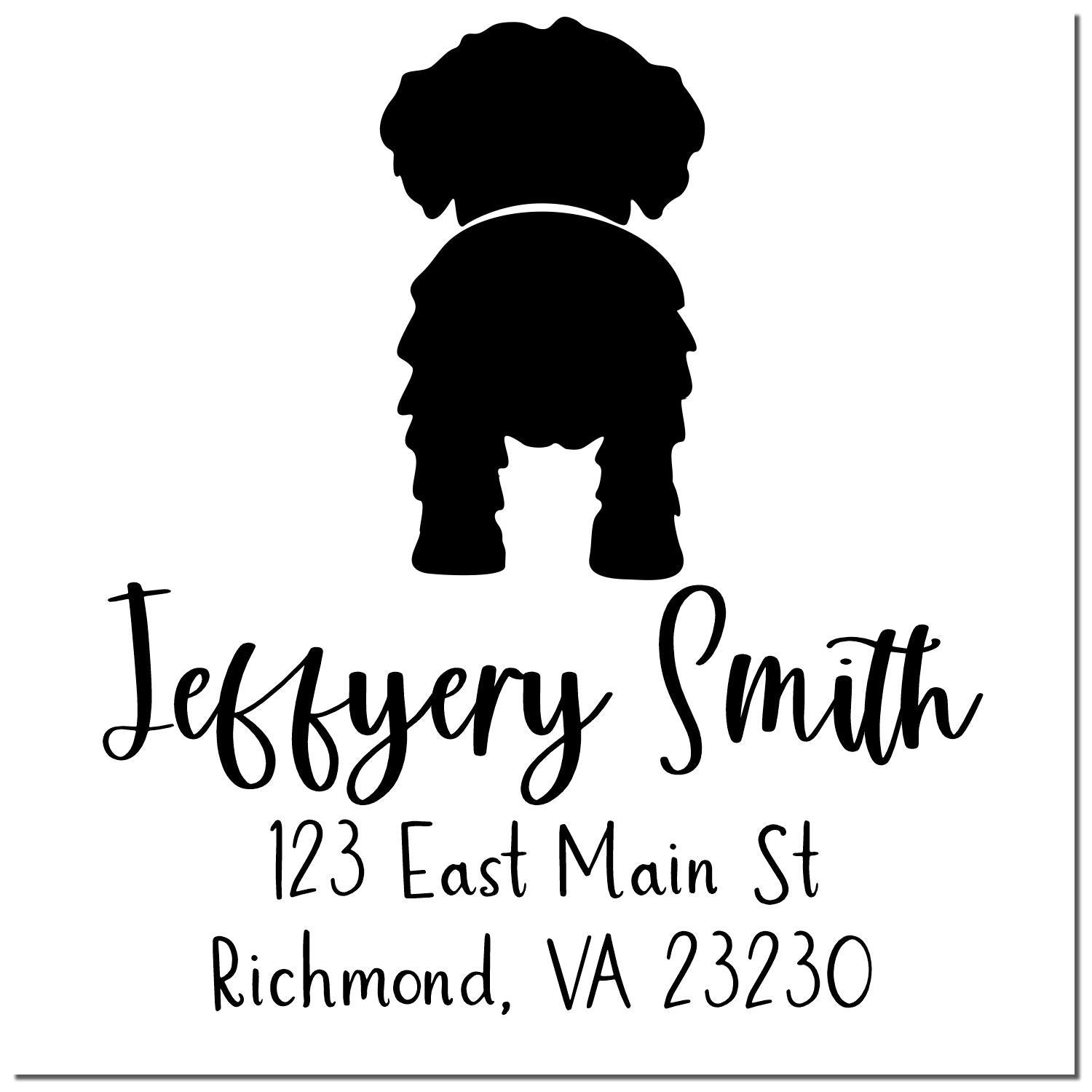 Black custom address stamp seal with dog silhouette, reading Jeffrey Smith, 123 East Main St, Richmond, VA 23230.