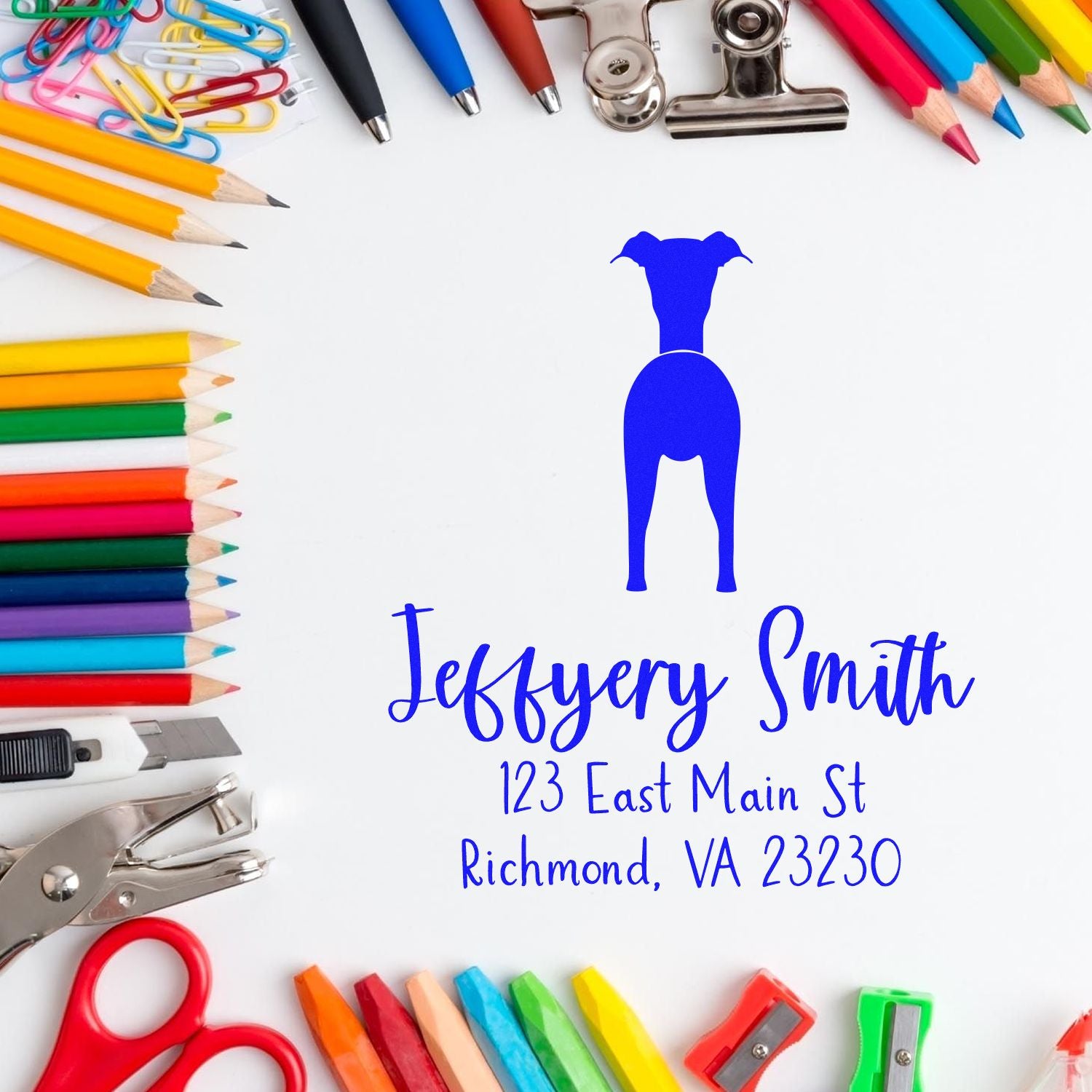 Blue custom stamp and seal with deer logo, Jeffery Smith name and Richmond, VA address, framed by colorful pencils, clips and scissors.