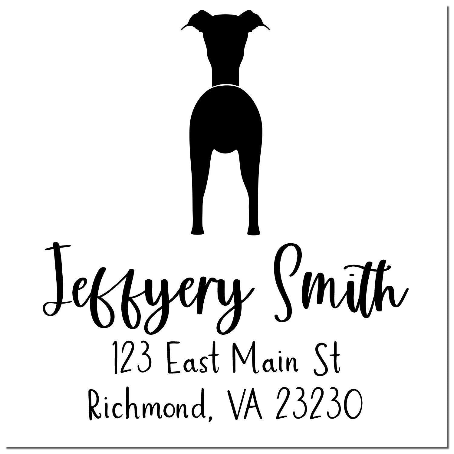 Black custom stamp and seal with dog silhouette, Jeffery Smith, and Richmond, VA 23230 on a white background.