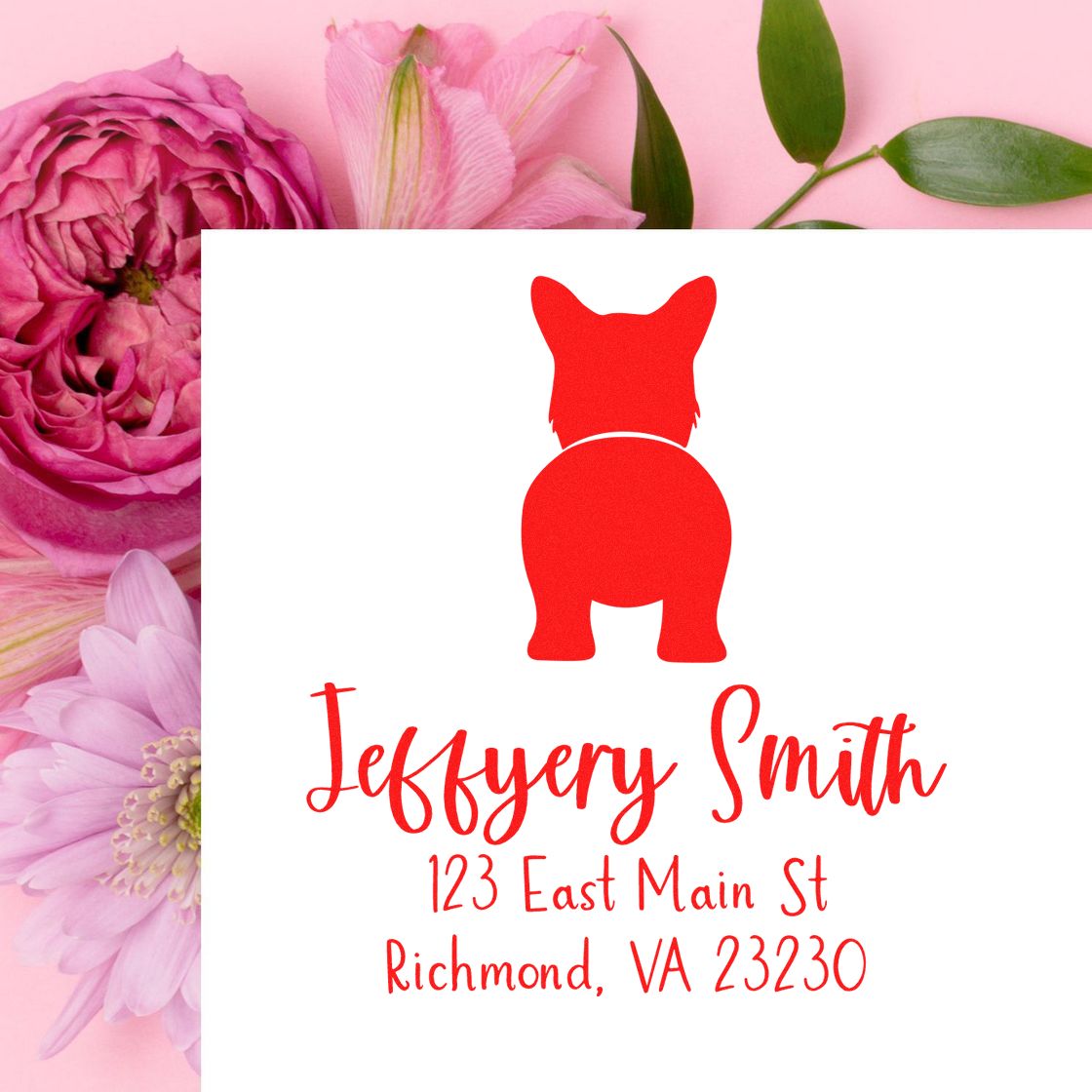Pink floral custom stamp and seal mockup with red dog logo, Jeffery Smith name, and Richmond, VA address