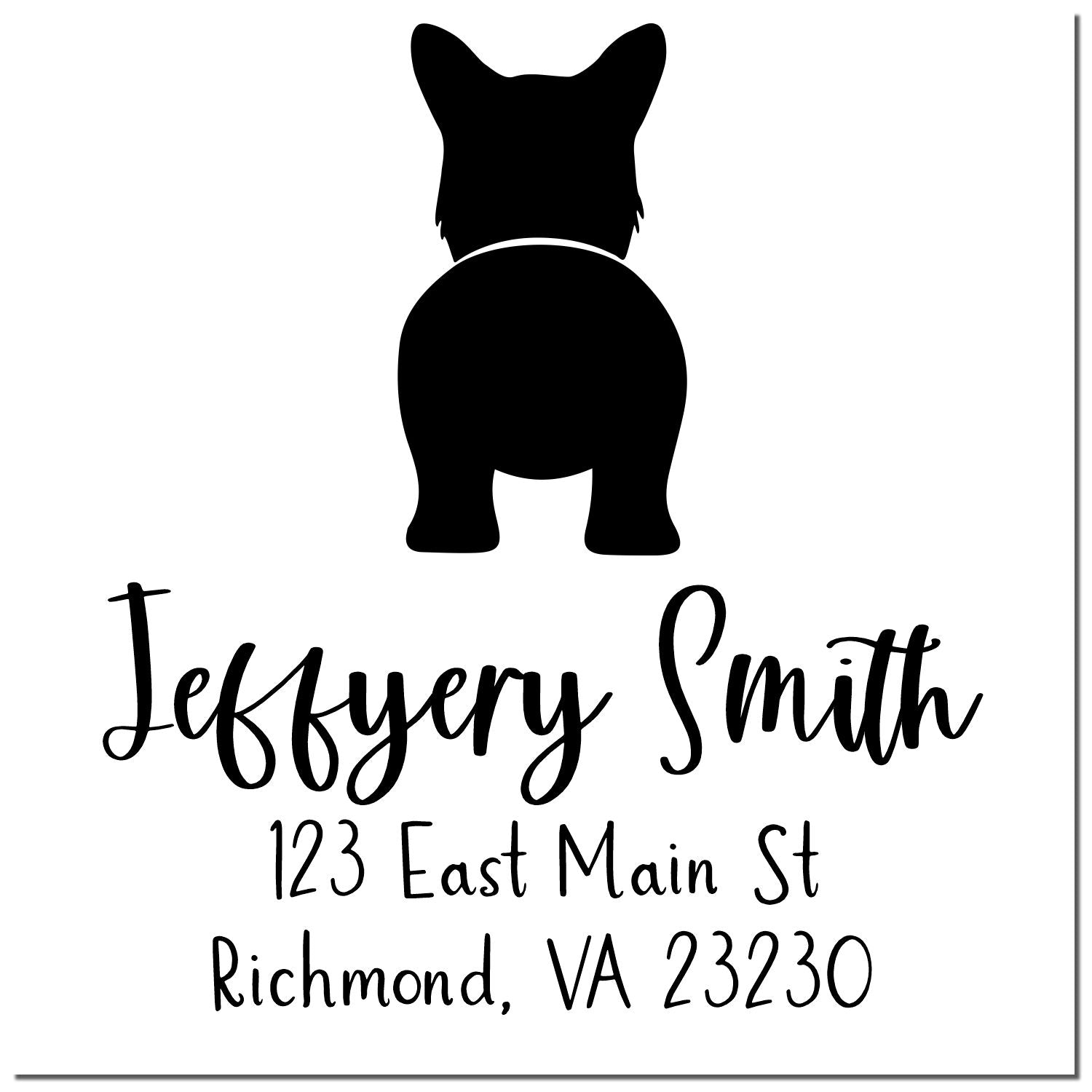 Black dog silhouette custom address stamp with Jeffery Smith, 123 East Main St, Richmond, VA 23230.