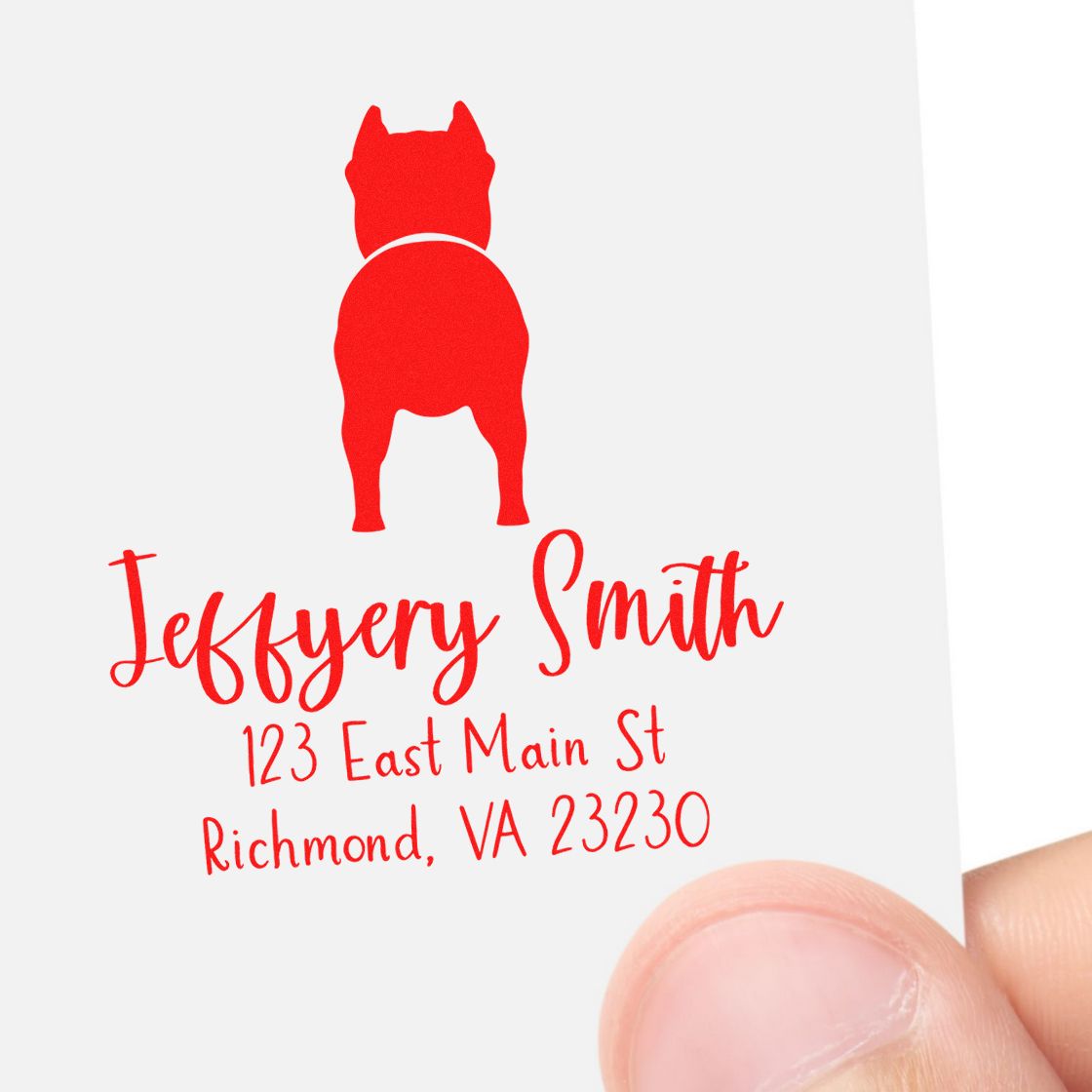 Red custom return address stamp and seal with dog silhouette, Jeffrey Smith, Richmond, VA 23230.