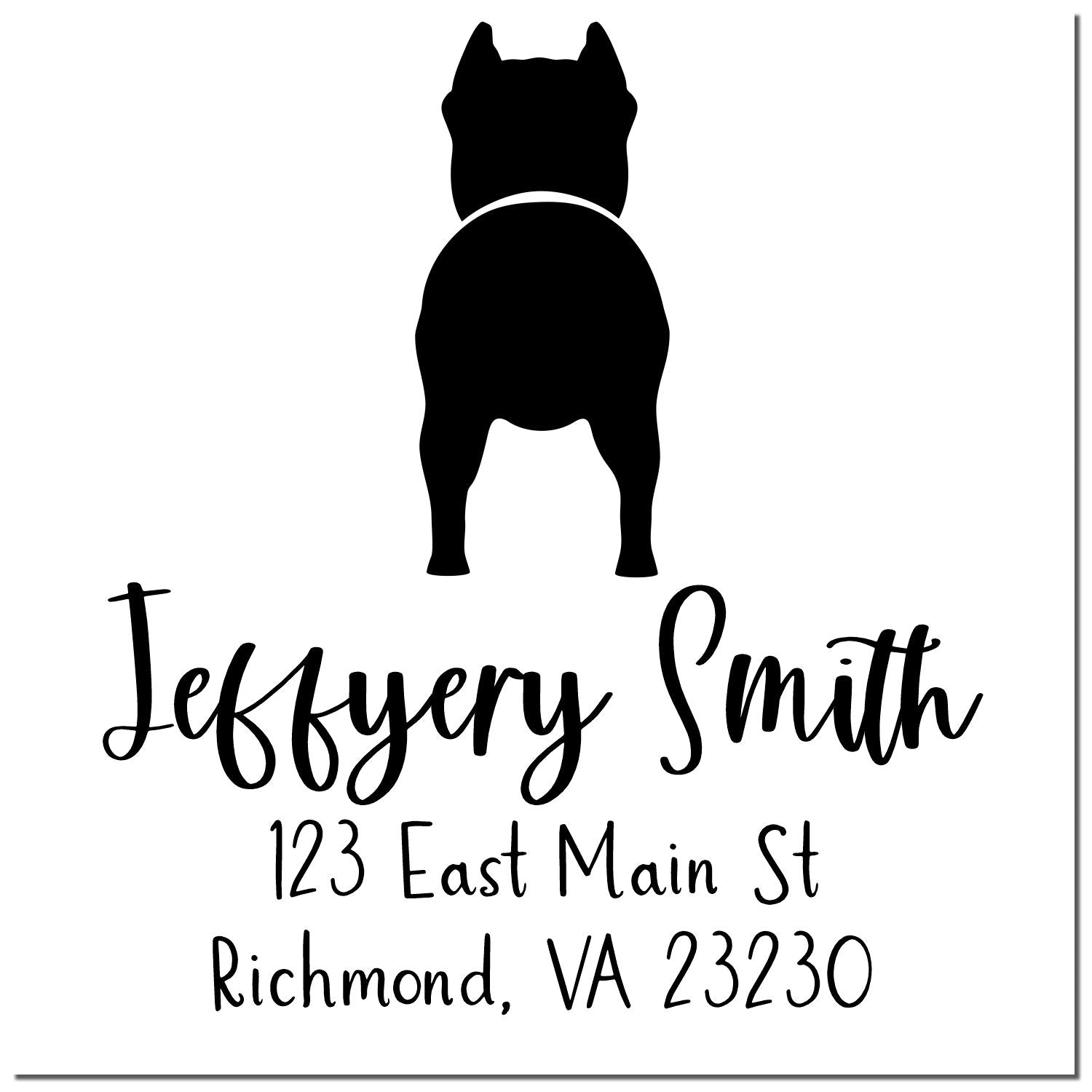 Black personalized address stamp seal with dog silhouette, Jeffrey Smith, 123 East Main St, Richmond, VA 23230.