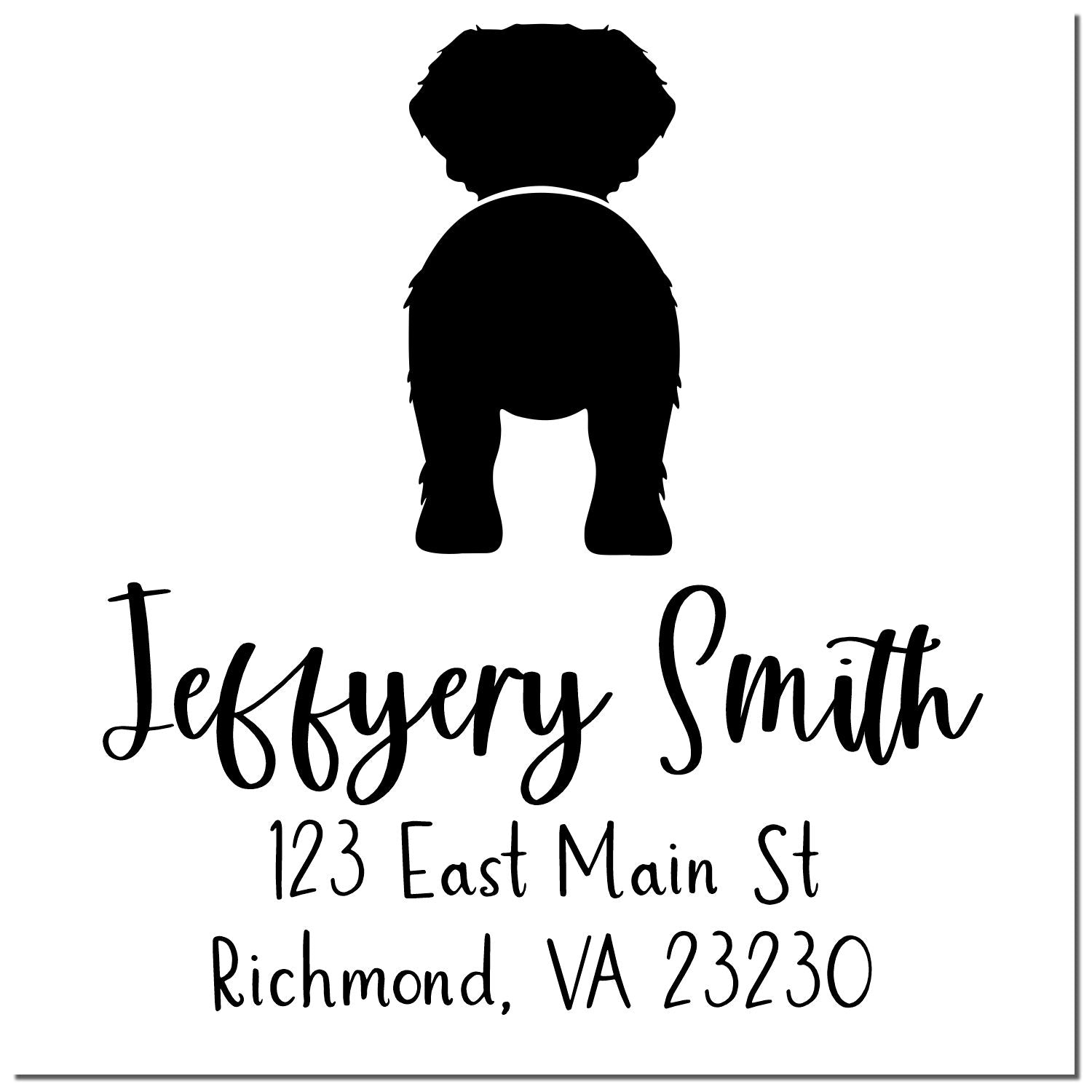 Black-and-white custom address stamp with dog silhouette, Jeffrey Smith, and Richmond, VA 23230