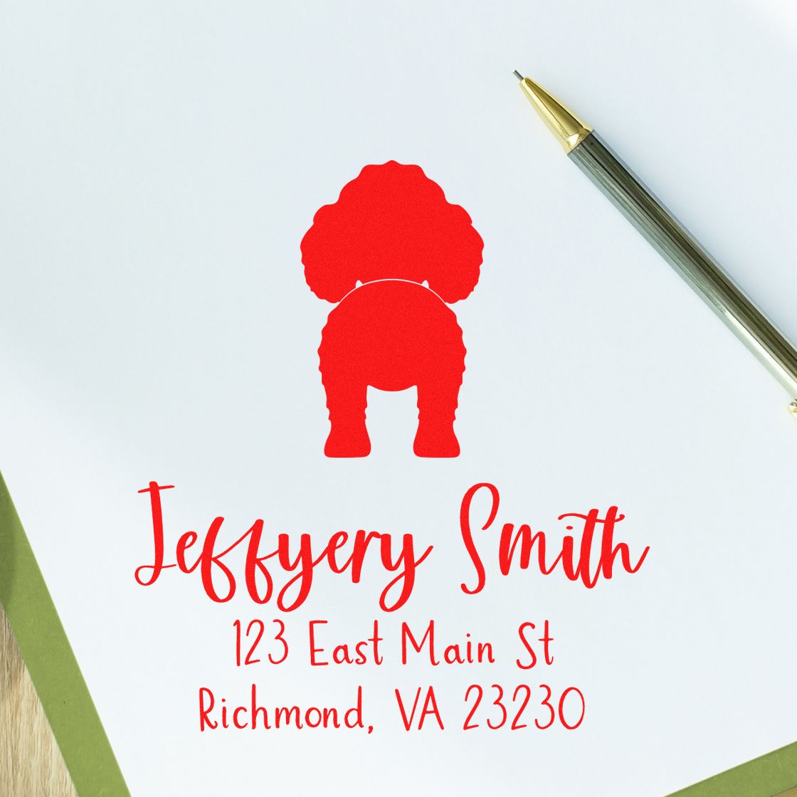 Red custom stamp seal with poodle logo, Jeffrey Smith name, and Richmond, VA address on white paper.