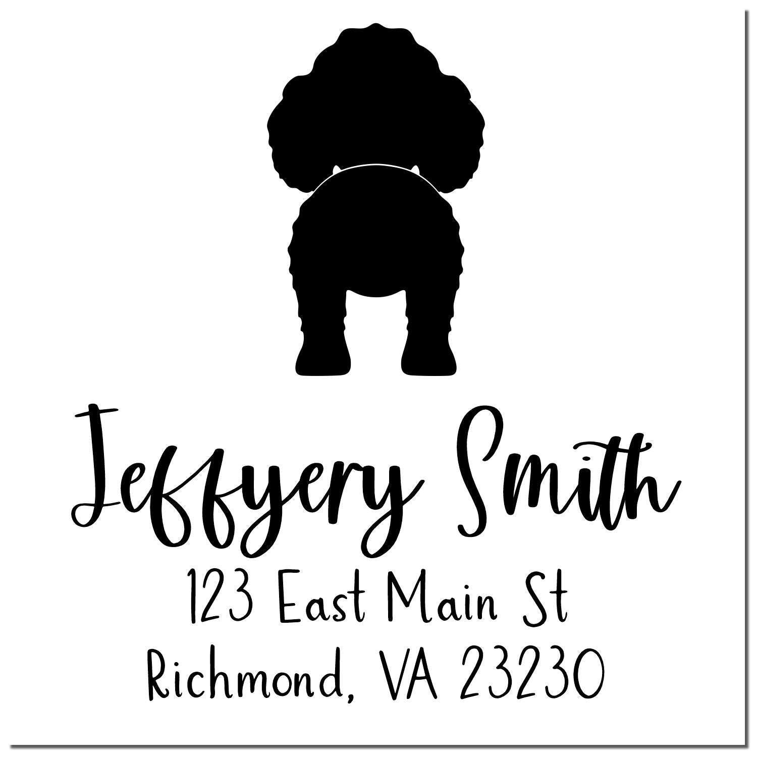Black custom address stamp and seal with dog silhouette, featuring Jeffrey Smith and Richmond, VA 23230.