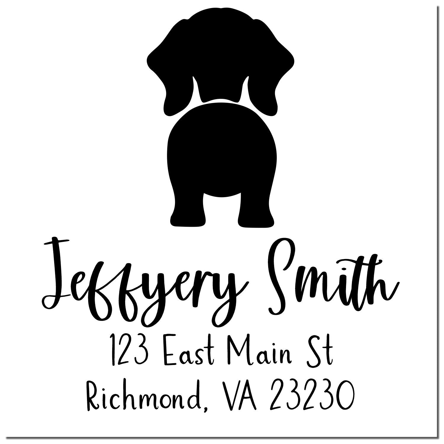 Black custom address stamp and seal with dog silhouette, Jeffyery Smith, and Richmond, VA address on white background.