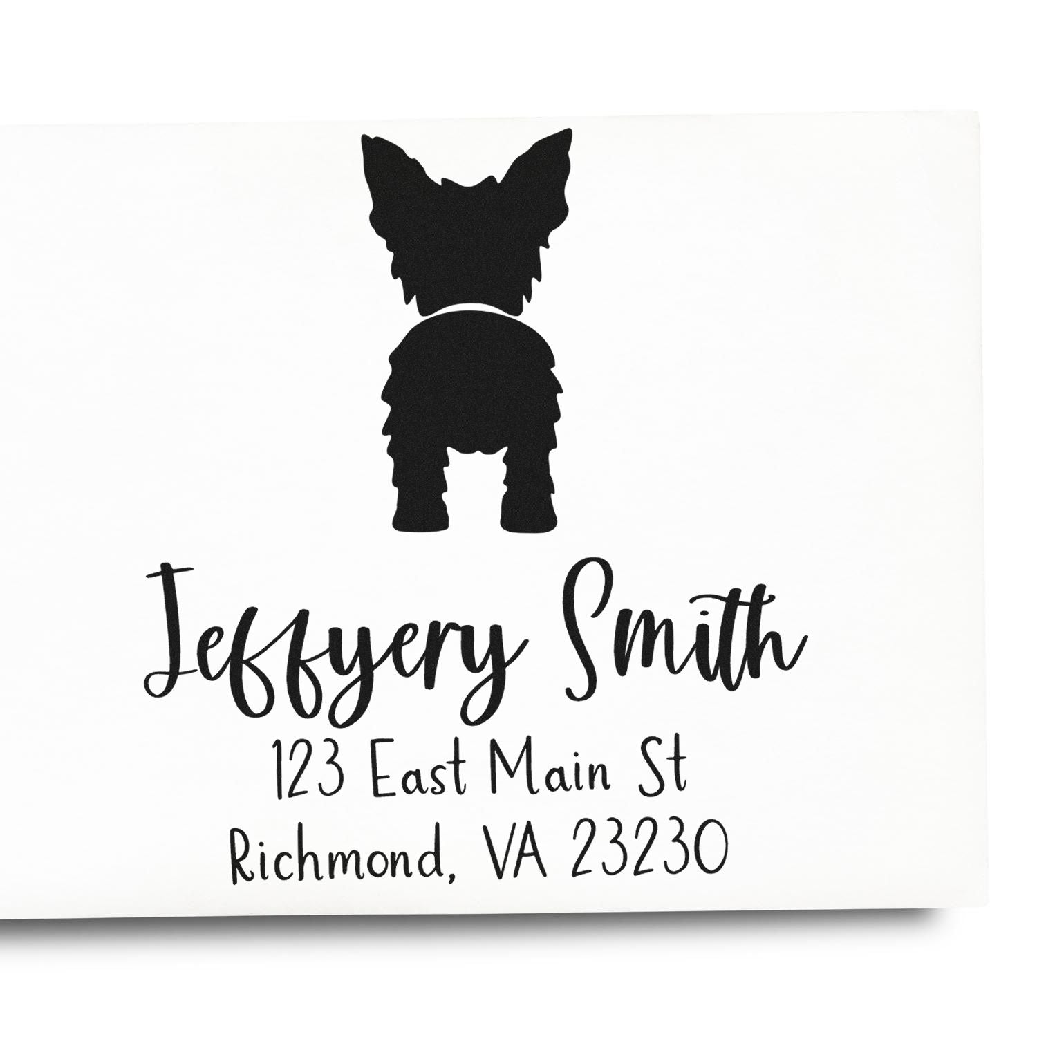 Custom black dog silhouette stamp and address seal for Jeffrey Smith, with Richmond, VA 23230 on white background.