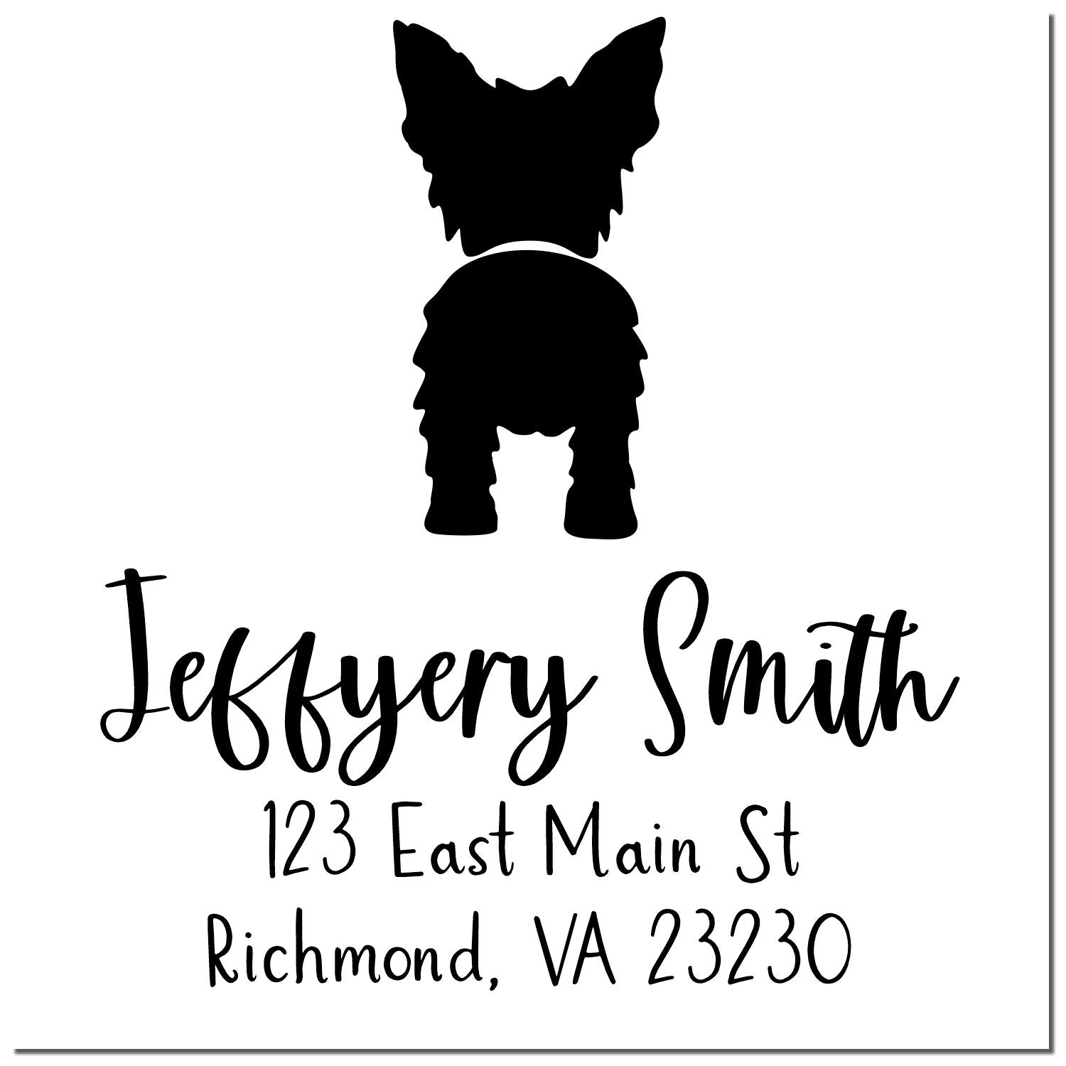 Black custom return address stamp with dog silhouette, Jeffrey Smith, 123 East Main St, Richmond VA 23230 on white.