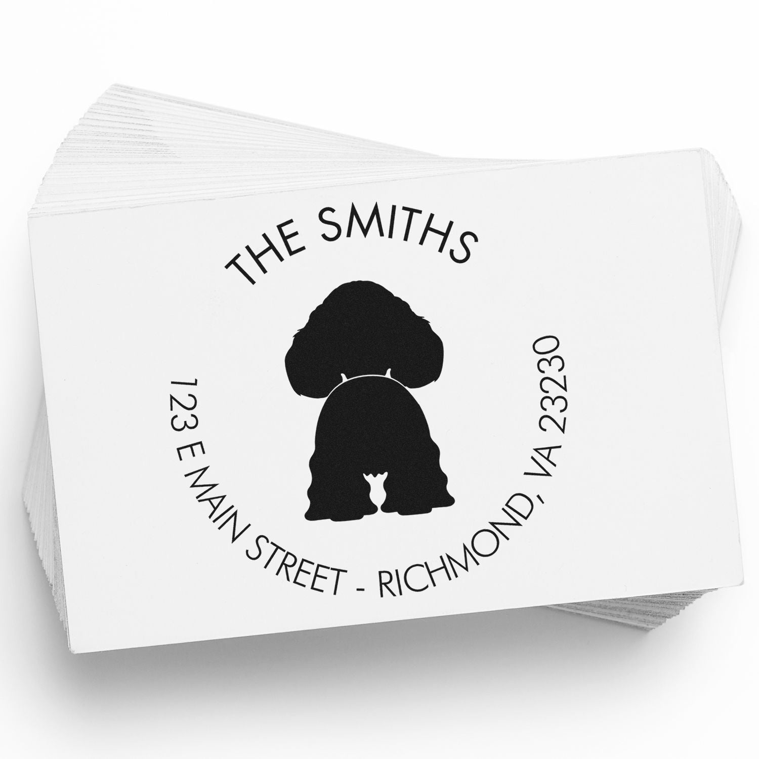 White custom stamp and seal cards with black dog silhouette logo, The Smiths, and Richmond, VA address.