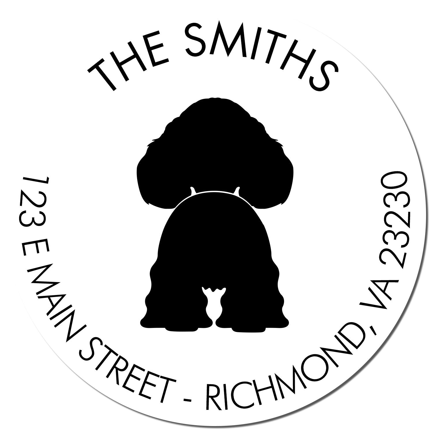 Round white custom address stamp seal with black poodle silhouette and curved black text: THE SMITHS, 123 Main Street, Richmond.