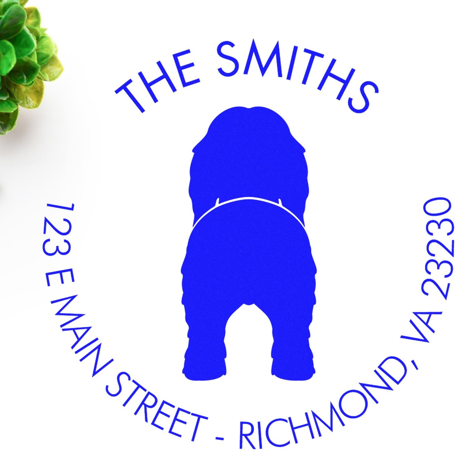 Blue custom stamp seal with dog silhouette, ĀThe Smiths,Ā and Richmond, VA address.