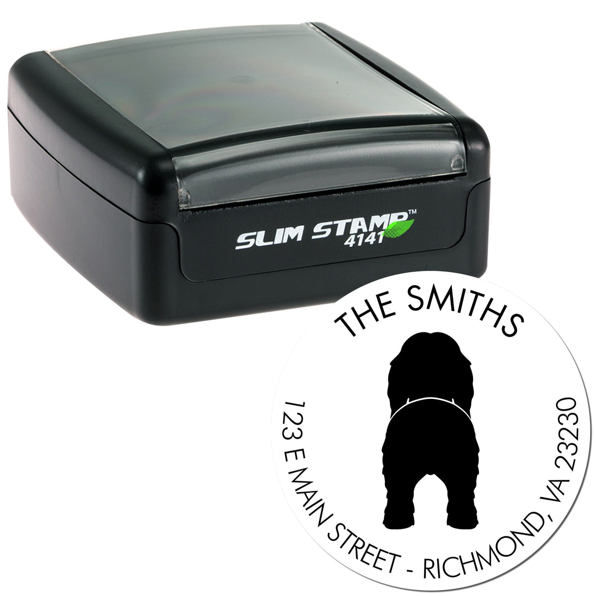 Black Slim Stamp 4141 self-inking stamp beside a round white seal with black text and silhouette logo.
