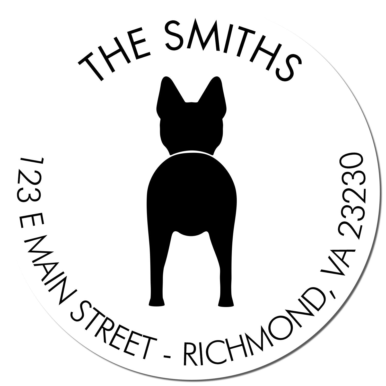 Black circular custom stamp seal with dog silhouette, THE SMITHS, 123 E Main Street, Richmond, VA 23230